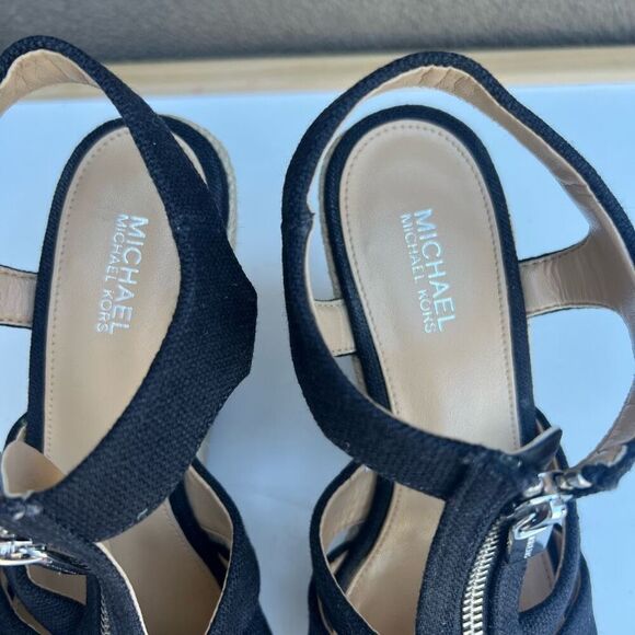 Michael Kors Damita Espadrille Wedge Sandal Size 5.5-6 Black Canvas Zipper - Picture 5 of 11